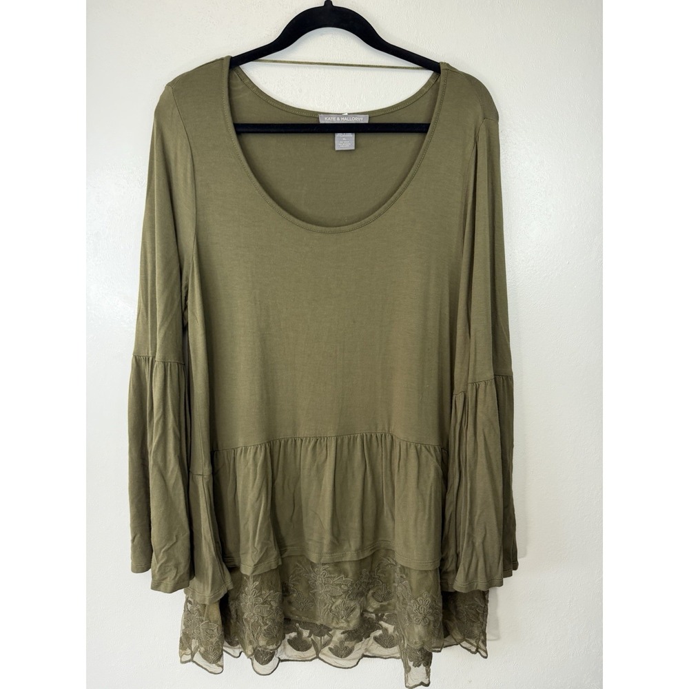 Kate‎ & Mallory Olive Green Tunic W Lace Hem Size XL